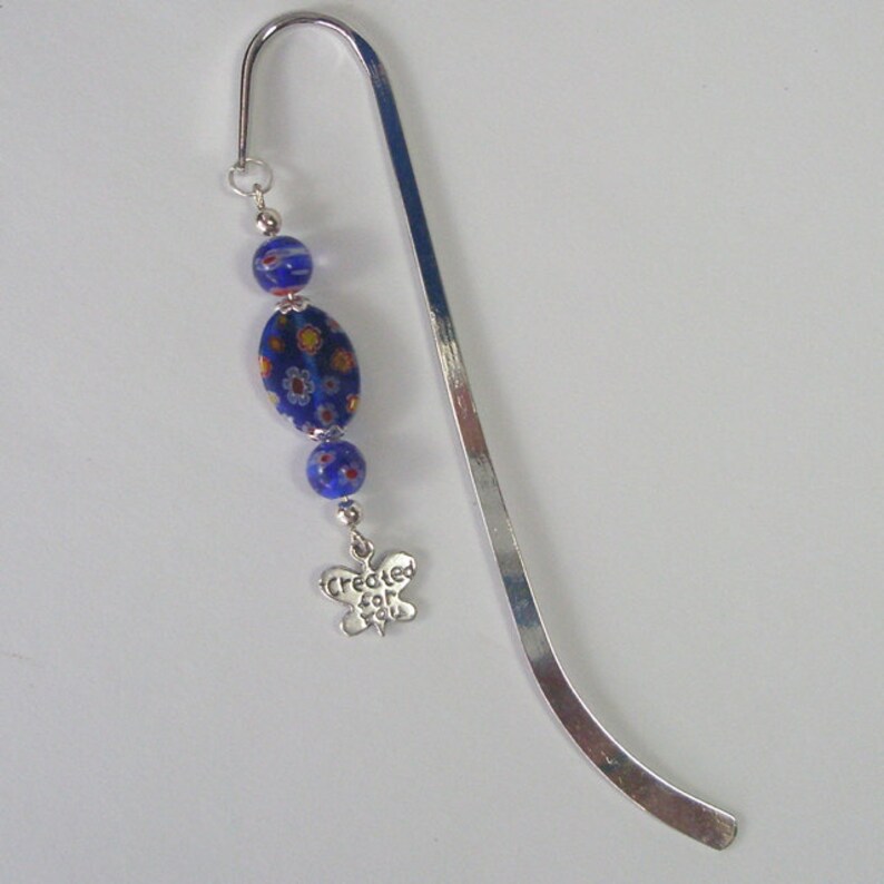 Beaded silver metal bookmark with handmade beaded fob Blue beads and a silver butterfly charm Shepherd hook bookmark. Butterfly bookmark. image 4