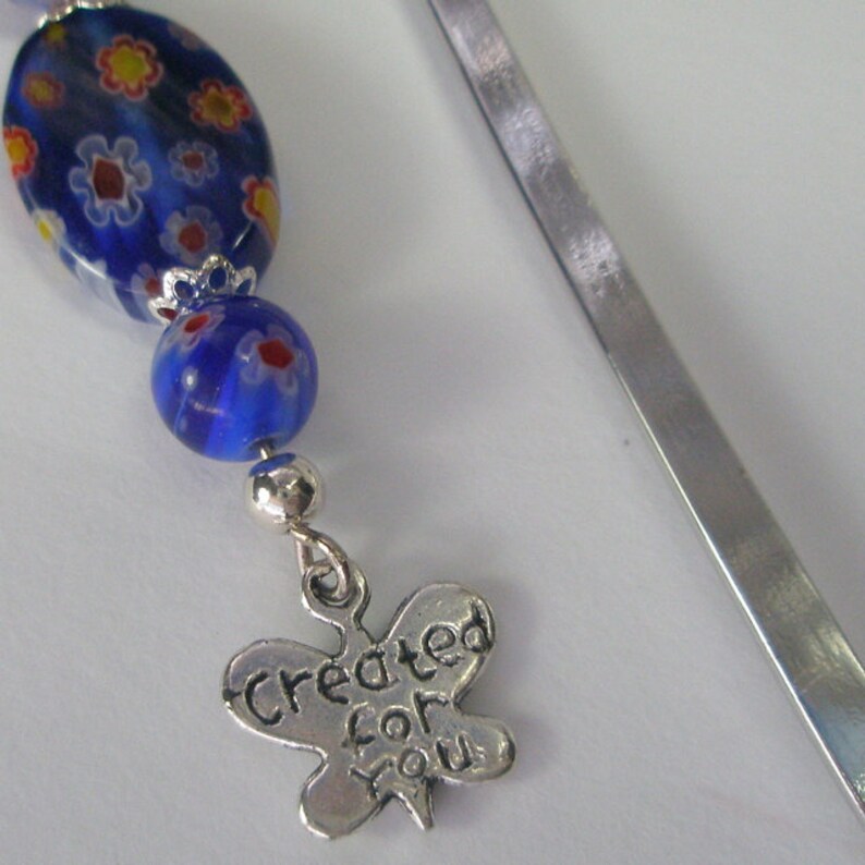 Beaded silver metal bookmark with handmade beaded fob Blue beads and a silver butterfly charm Shepherd hook bookmark. Butterfly bookmark. image 1