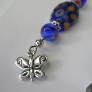 Beaded silver metal bookmark with handmade beaded fob Blue beads and a silver butterfly charm Shepherd hook bookmark. Butterfly bookmark. image 2
