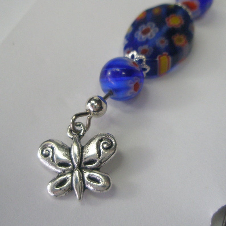 Beaded silver metal bookmark with handmade beaded fob Blue beads and a silver butterfly charm Shepherd hook bookmark. Butterfly bookmark. image 2