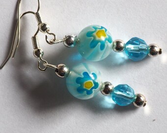 Silver hook dangle earrings, aqua blue floral beads