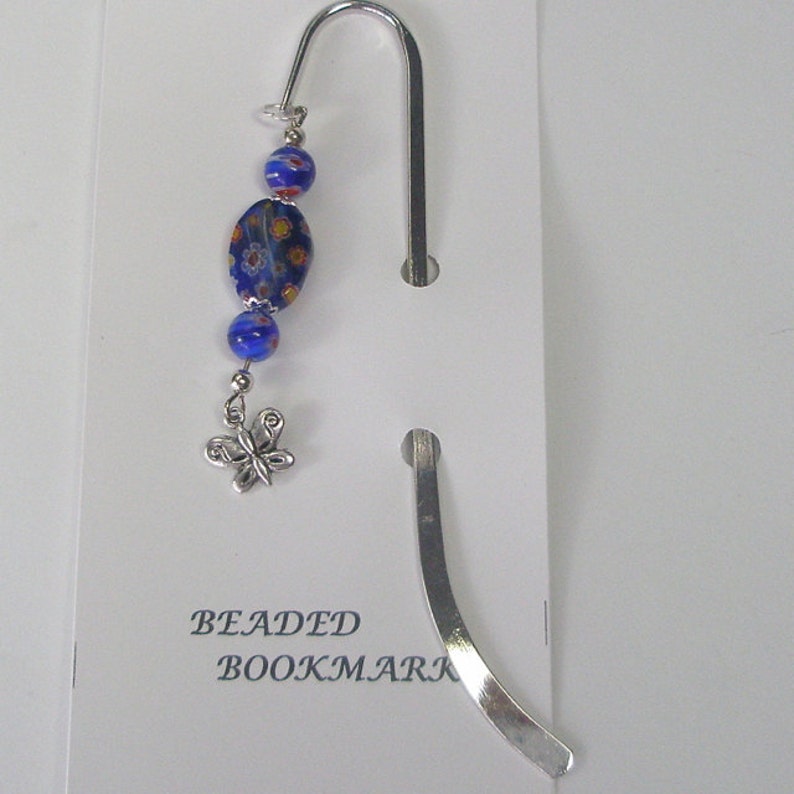 Beaded silver metal bookmark with handmade beaded fob Blue beads and a silver butterfly charm Shepherd hook bookmark. Butterfly bookmark. image 5