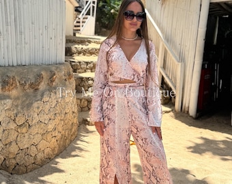 Pink Snake Print Cotton Lounge Set • Crop Top & Wide Leg Pants