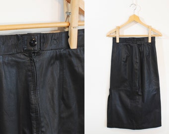Vintage Leather Pencil Skirt - xs/s/6 - black skirt with side slit and snap detail - lightweight unlined