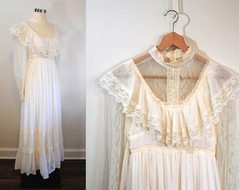 1970s Ivory Cotton Maxi Dress - vintage wedding dress - sheer lace ruffles / Victorian collar / bishop sleeves - 70s boho Bohemian gown