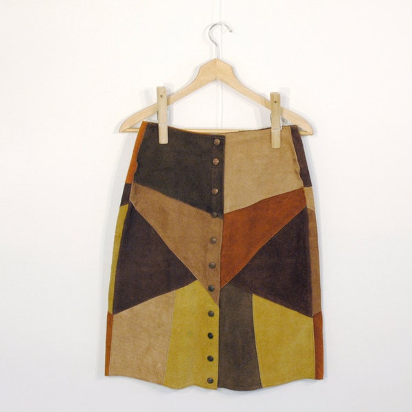 1960s Patchwork Suede Skirt - vintage hippie mod mid century a-line midi gogo brown yellow tan - genuine leather brass snaps - small medium