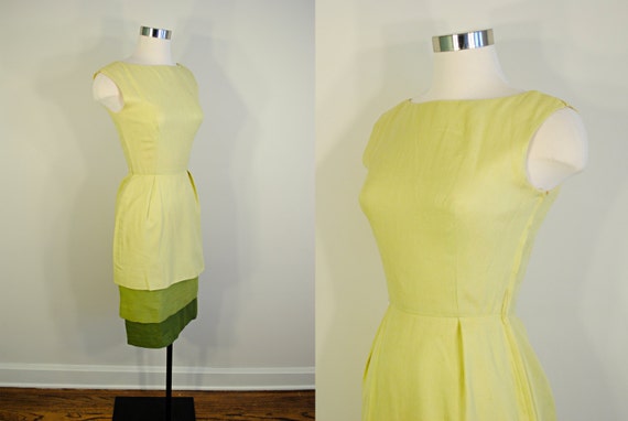 1960s Wiggle Linen Dress - chartreuse yellow gree… - image 3