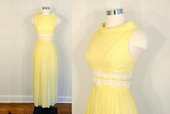 1960s Organza Prom Dress - yellow white - crochet… - image 1