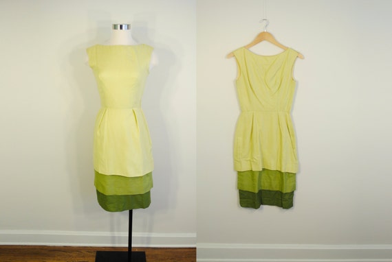 1960s Wiggle Linen Dress - chartreuse yellow gree… - image 1