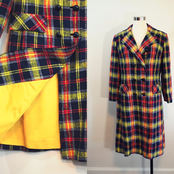 Vintage Plaid Peacoat with Pockets - S/M - lined trench coat - red navy blue yellow white plaid / yellow lining - double breasted buttons