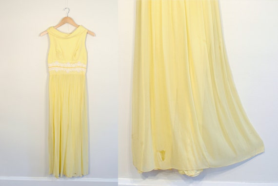 1960s Organza Prom Dress - yellow white - crochet… - image 5