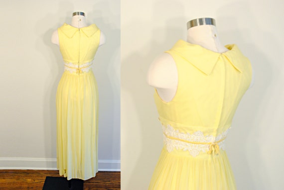 1960s Organza Prom Dress - yellow white - crochet… - image 3