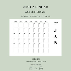 2025 Calendar | Elegant Monthly Planner | Sunday - Monday Start | A4 - US Letter PDF | Minimalist - Printable Design