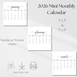 2026 Mini Monthly Calendar Printable | Small Desk Calendar 3x3 & 5x5 | Minimalist Planner Inserts PDF | Sunday Monday Start