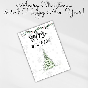 Happy New Year Minimalist & Modern Printable Card | Instant Download | Two Sizes Available | Elegant Design with Snowflakes and Tree