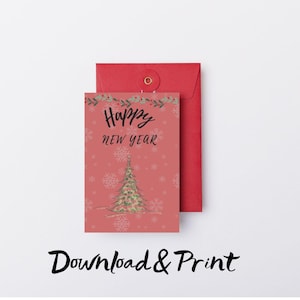 Cartão de Feliz Ano Novo para Imprimir | Minimalista e Moderno | Download Instantâneo | Dois Tamanhos Disponíveis | Design Elegante com Flocos de Neve e Árvore