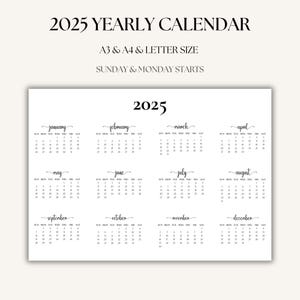 2025 Year Calendar Printable | 2025 One-Page Minimalist Design | Sunday & Monday Start | A4, A3, Letter Sizes | Instant Download PDF Elegant