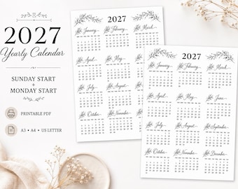 Może przedstawiać: Kalendarz roczny na 2027 rok w formacie PDF do druku z czarnym tekstem na białym papierze. Projekt zawiera motywy kwiatowe, opcje rozpoczęcia tygodnia w niedzielę lub poniedziałek oraz formaty A3, A4 i US Letter. Układ przedstawia dwanaście miesięcy.