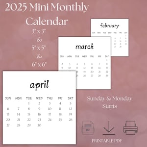 Calendário Mini 2025 3x3 5x5 6 x 6 polegadas Calendário Quadrado 2025 Calendário de Bolso para Impressão PDF Calendário Elegante para Impressão Domingo - Segunda-feira Início