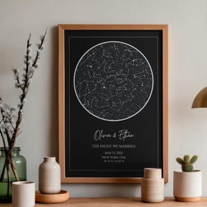 May include: A framed print with a star map in a white circle on a black background. The text "Olivia & Ethan" is above "THE NIGHT WE MARRIED" and the date May 15, 2021. The location is New York, USA, with coordinates.