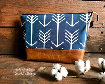 Navy Arrows with Vegan Leather - Large Make Up Bag / Diaper Clutch / Bridesmaid Gift