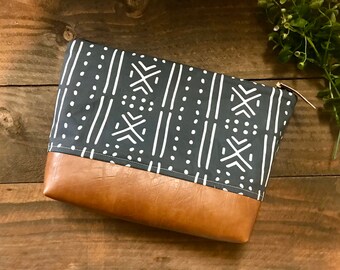 MudCloth in Black Vegan Leather - Large Make Up Bag / Diaper Clutch / Bridesmaid Gift