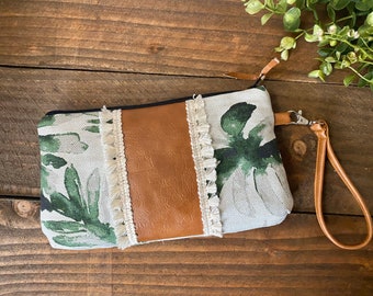 Curvy Clutch in Watercolor Palms with Vegan Leather and Fringe Lace - Zippered Wristlet Clutch /  Bridesmaid Gift / Cell Phone Clutch