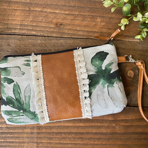 Curvy Clutch in Watercolor Palms with Vegan Leather and Fringe Lace - Zippered Wristlet Clutch /  Bridesmaid Gift / Cell Phone Clutch
