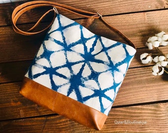 Messenger Slouchy Tote - Navy Shibori with Vegan Leather - Adjustable Strap