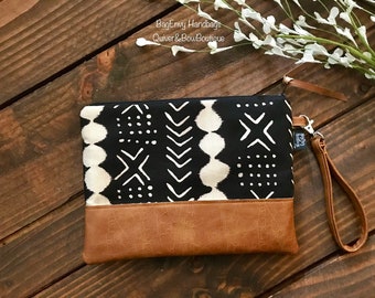 Grab N Go Wristlet Clutch -  Twilight MudCloth in Black and Natural with Vegan Leather