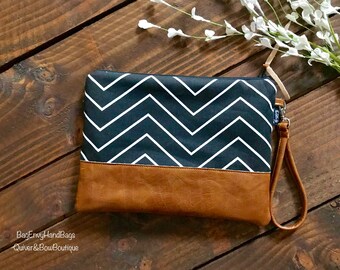 Grab N Go Wristlet Clutch - Skinny Black Chevron with Vegan Leather