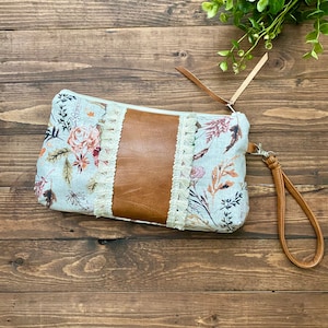 Curvy Clutch in Delilah Floral in Autumn with Vegan Leather and Fringe Lace Zippered Wristlet Clutch / Bridesmaid Gift / Cell Phone Clutch image 1