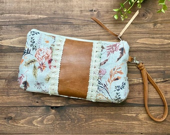 Curvy Clutch in Delilah Floral in Autumn with Vegan Leather and Fringe Lace - Zippered Wristlet Clutch / Bridesmaid Gift / Cell Phone Clutch