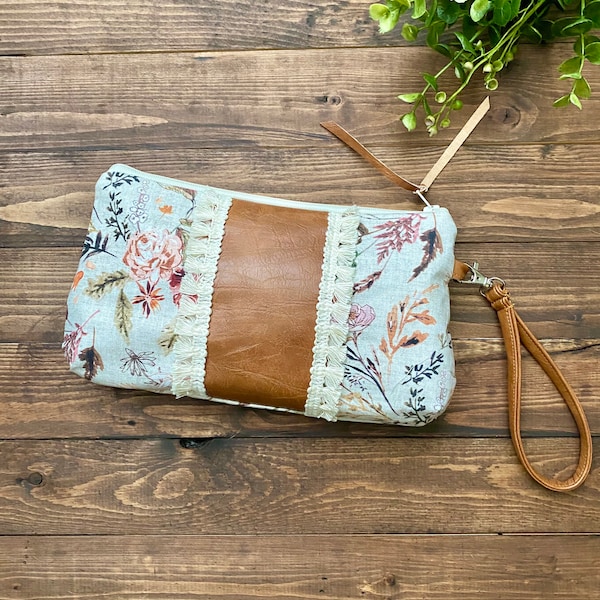 Curvy Clutch in Delilah Floral in Autumn with Vegan Leather and Fringe Lace - Zippered Wristlet Clutch / Bridesmaid Gift / Cell Phone Clutch