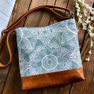 Messenger Slouchy Tote Kaleidoscope Floral in Grey with Vegan Leather Adjustable Strap image 1