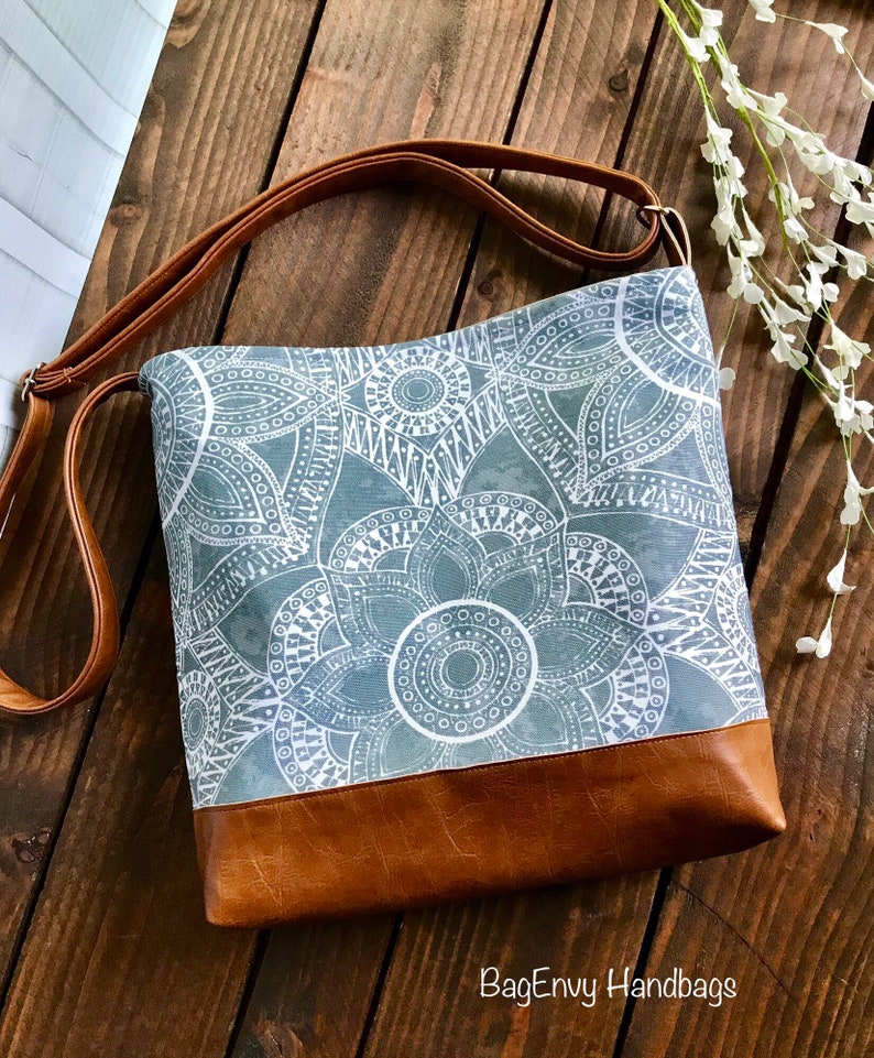 Messenger Slouchy Tote Kaleidoscope Floral in Grey with Vegan Leather Adjustable Strap image 1