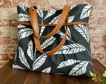 Monterey Large Tote - Diaper Bag - Vacation Tote - with Vegan Leather - Tropical Leaves