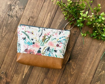 Boho Floral in Cream with Vegan Leather - Cosmetic Bag - Make Up Bag - Bridesmaid Gift