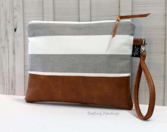 Grab N Go Wristlet Zippered  Clutch - Grey Stripe with Vegan Leather