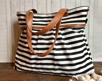 Monterey Large Tote - Diaper Bag - with Vegan Leather - In  Skinny Stripes - or Custom Design Your own