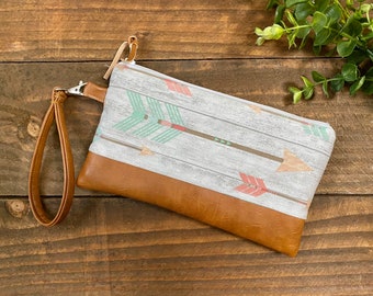 Arrows in Sherbet with Vegan Leather - Zippered Wristlet Clutch /  Bridesmaid Gift