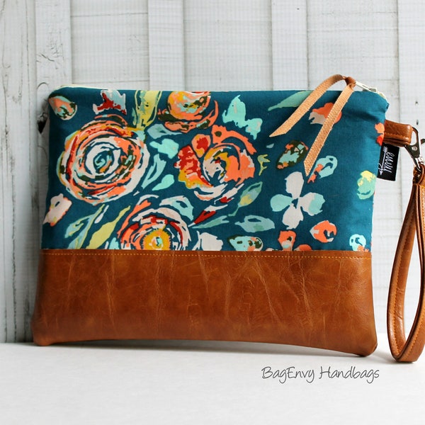 Grab N Go Wristlet Clutch - Teal Boho Flora with Vegan Leather