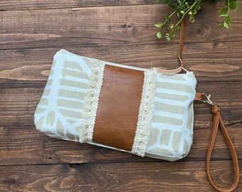 Curvy Clutch in Champagne Tile with Vegan Leather and Fringe Lace - Zippered Wristlet Clutch / Bridesmaid Gift / Cell Phone Clutch