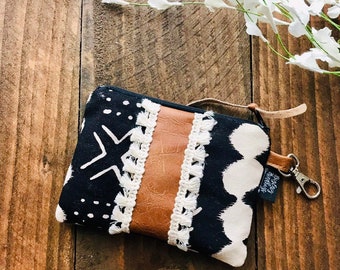 Twighlight MudCloth with Boho Fringe and Vegan Leather and Key Clip  /  Coin Pouch / Change Purse