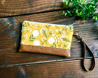 Pom Floral in Mustard with Vegan Leather - Zippered Wristlet Clutch /  Bridesmaid Gift