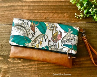 Fold Over Clutch - Orchid Garden with Vegan Leather - Detachable Wristlet