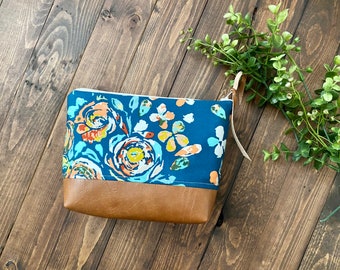 Teal Boho Floral with Vegan Leather - Cosmetic Bag - Make Up Bag - Bridesmaid Gift