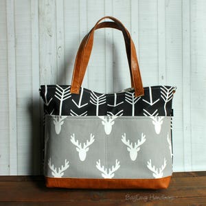 Black Arrows Grey Deer Head with Vegan Leather Outside Pockets Tote Bag / Diaper Bag / Large Bag image 1