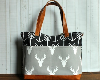 Black  Arrows - Grey Deer Head with Vegan Leather - Outside Pockets - Tote Bag /  Diaper Bag  / Large Bag