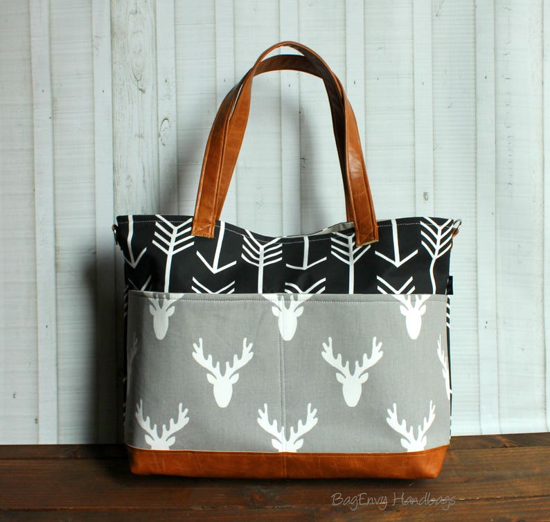 Black Arrows Grey Deer Head with Vegan Leather Outside Pockets Tote Bag / Diaper Bag / Large Bag image 1